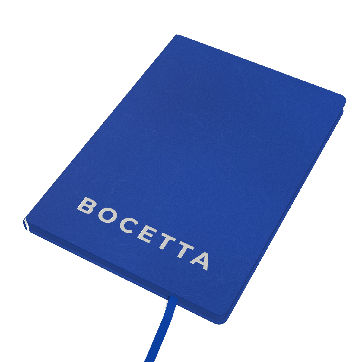 Bocetta notebook Blue (Blu), closed: PU leather cover with white BOCETTA logo and satin ribbon bookmark