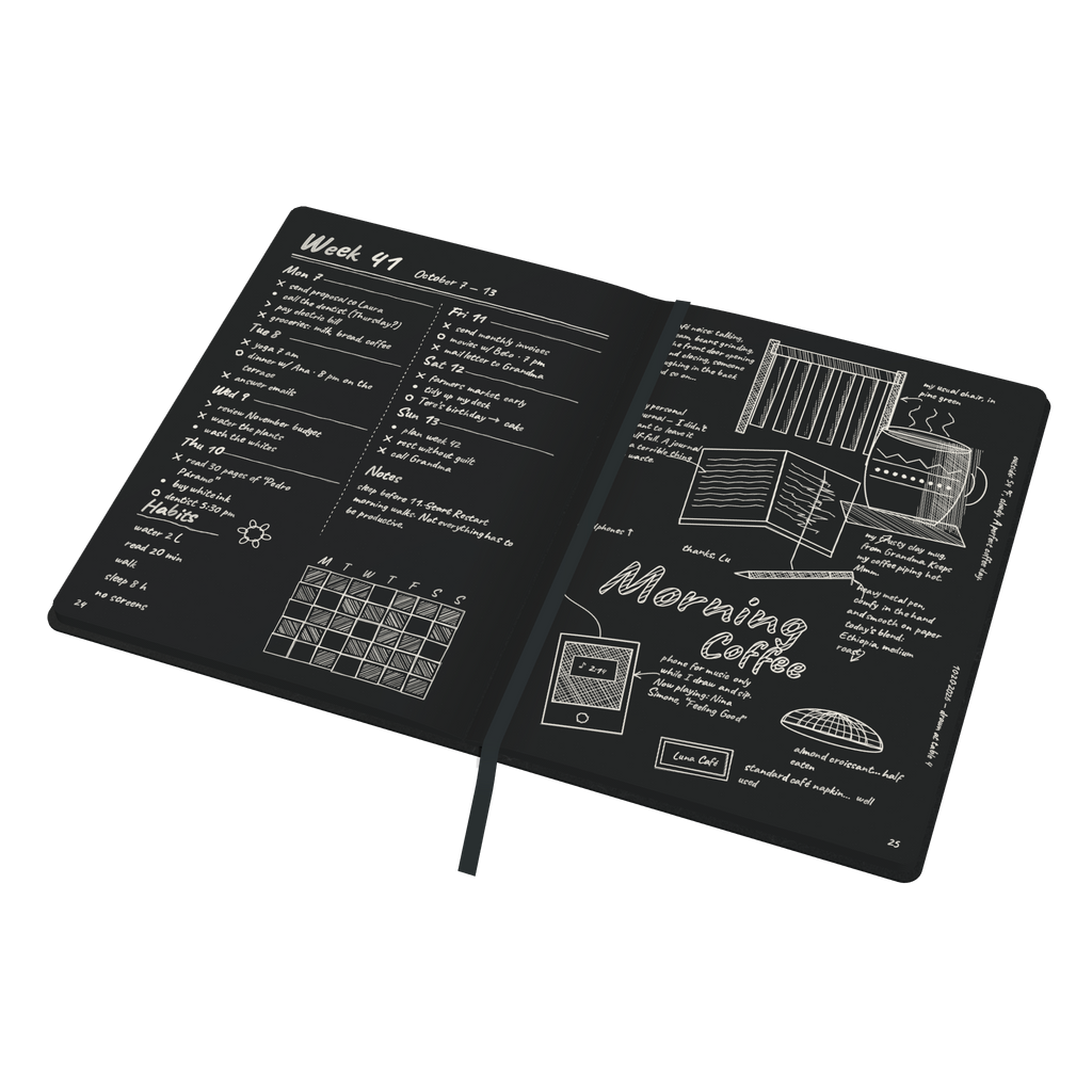 Bocetta notebook Black (Nero) lying open flat at 180 degrees, colored pages written in white ink
