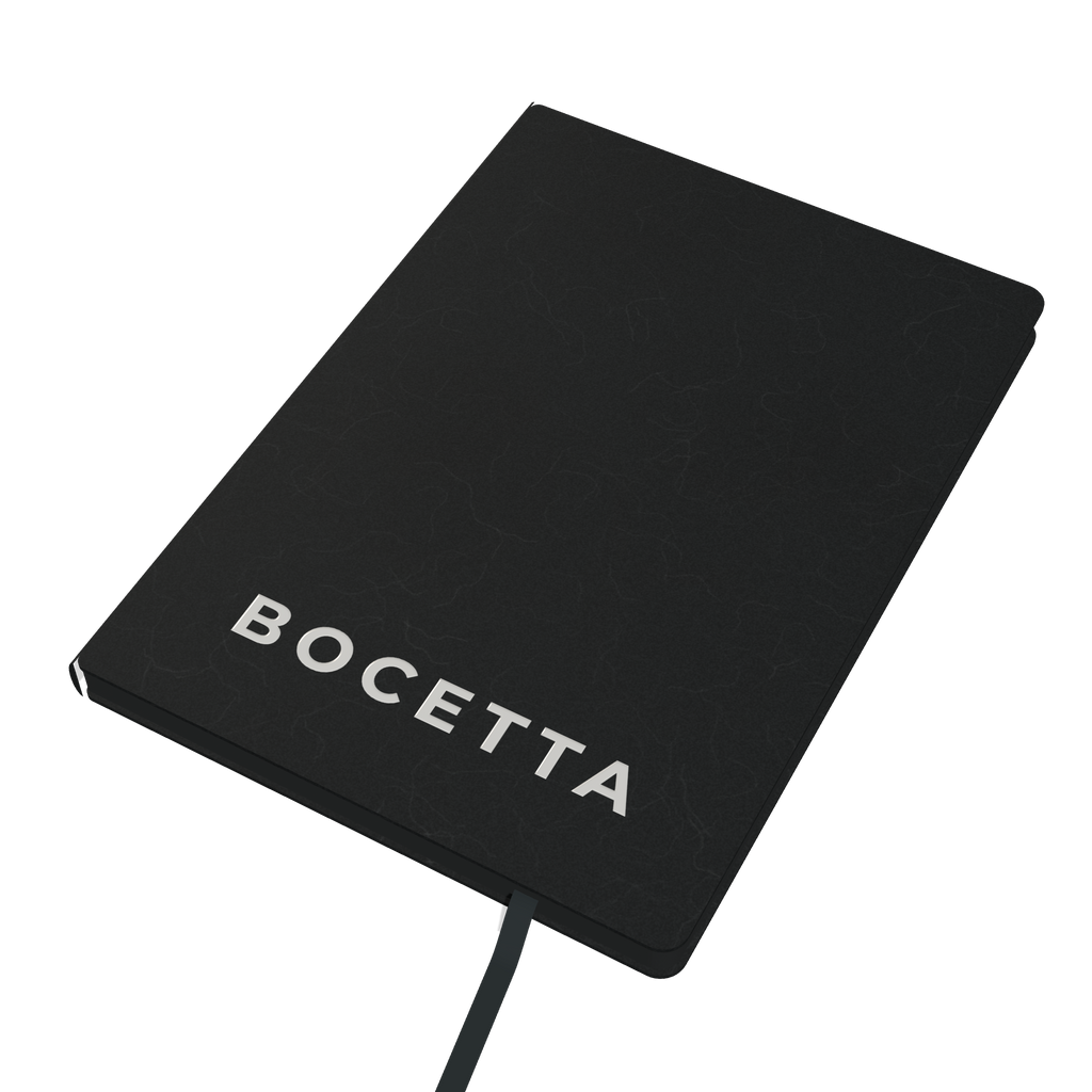 Bocetta notebook Black (Nero), closed: PU leather cover with white BOCETTA logo and satin ribbon bookmark