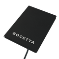 Bocetta notebook Black (Nero), closed: PU leather cover with white BOCETTA logo and satin ribbon bookmark