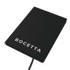 Bocetta notebook Black (Nero), closed: PU leather cover with white BOCETTA logo and satin ribbon bookmark