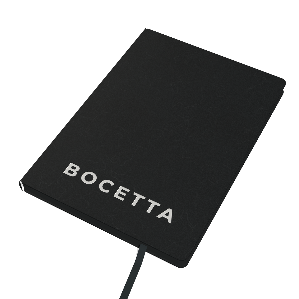 Bocetta notebook Black (Nero), closed: PU leather cover with white BOCETTA logo and satin ribbon bookmark