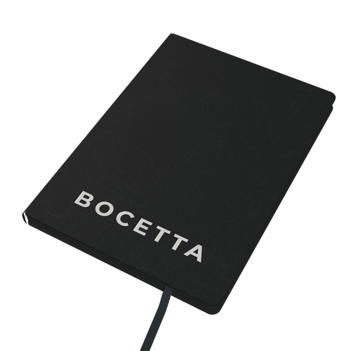 Bocetta notebook Black (Nero), closed: PU leather cover with white BOCETTA logo and satin ribbon bookmark
