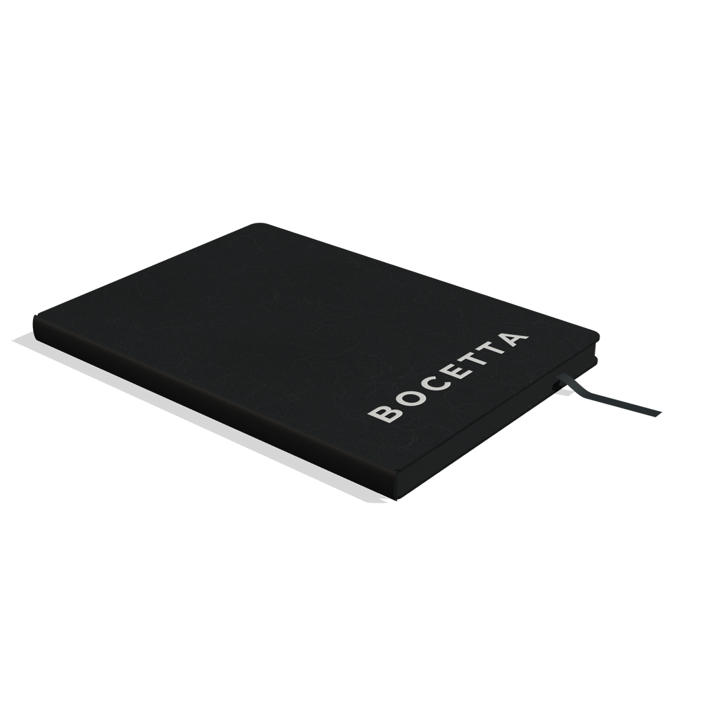 Bocetta notebook Black (Nero) side view: sewn spine, rounded corners and color-dyed page edges