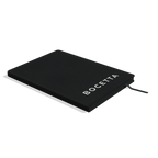 Bocetta notebook Black (Nero) side view: sewn spine, rounded corners and color-dyed page edges