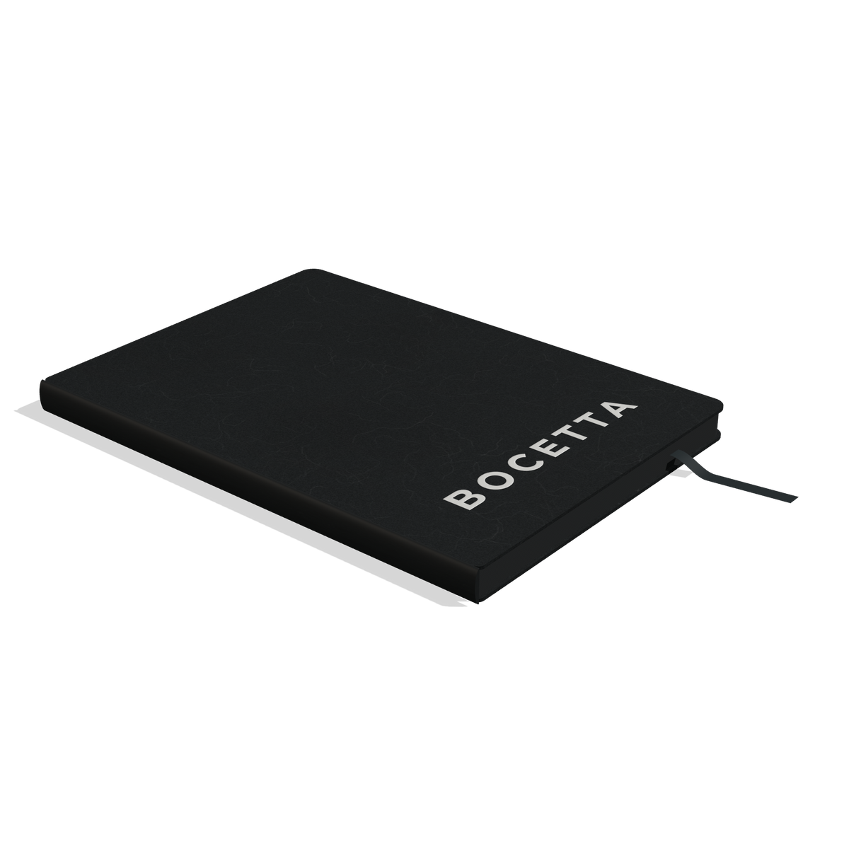 Bocetta notebook Black (Nero) side view: sewn spine, rounded corners and color-dyed page edges