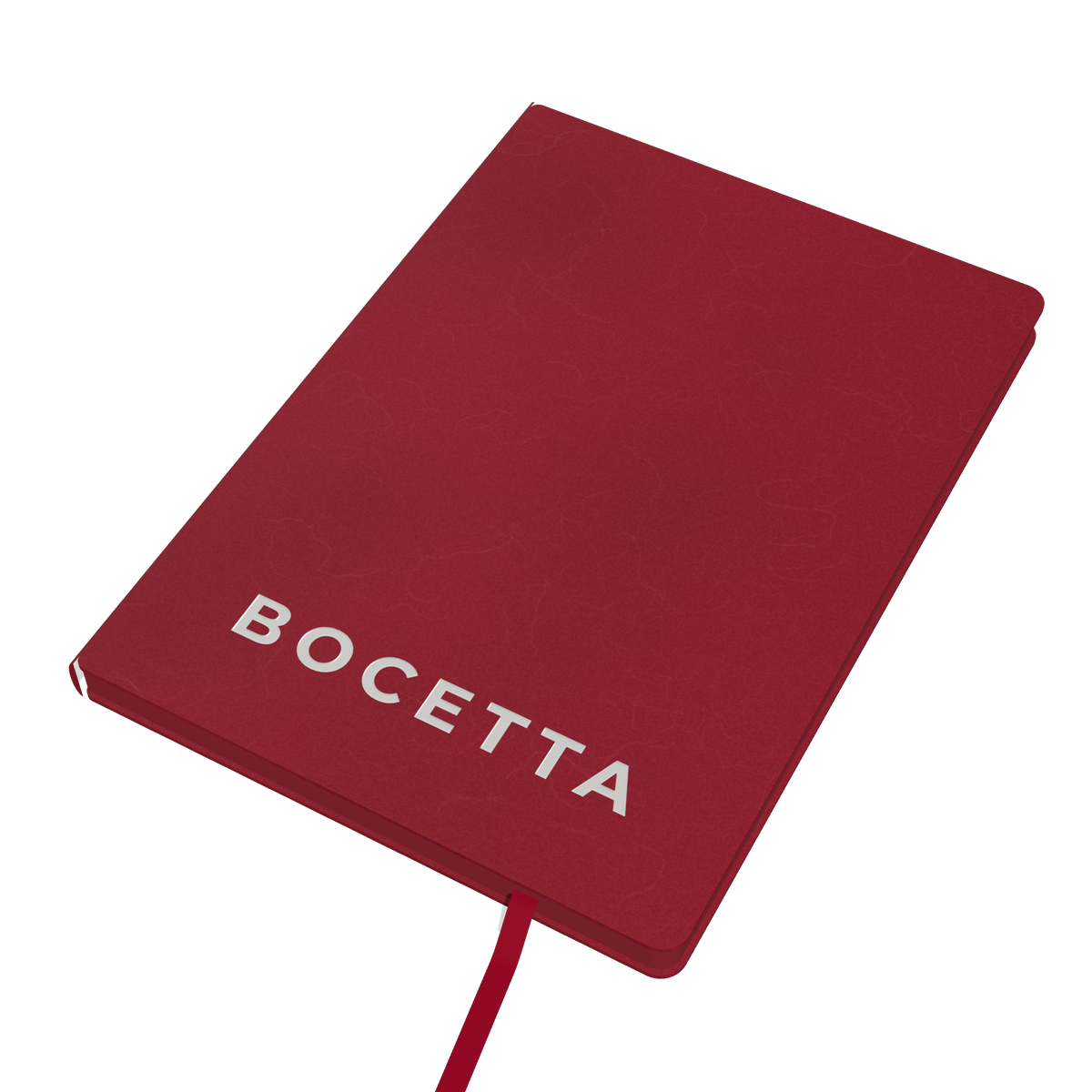 Bocetta notebook Red (Rosso), closed: PU leather cover with white BOCETTA logo and satin ribbon bookmark