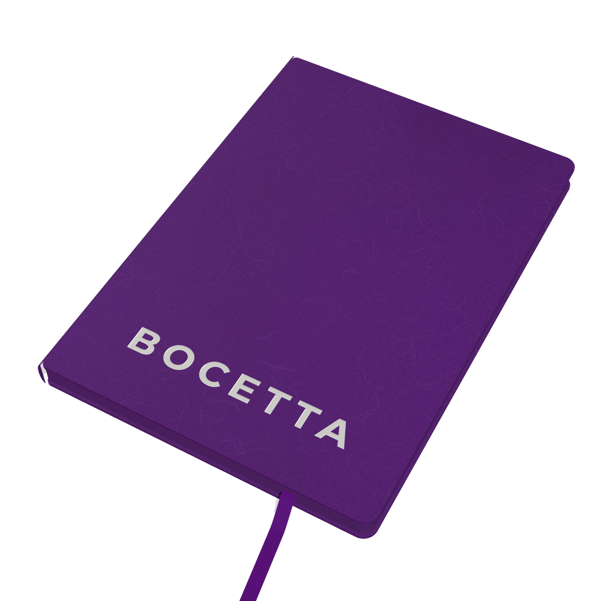 Bocetta notebook Purple (Viola), closed: PU leather cover with white BOCETTA logo and satin ribbon bookmark